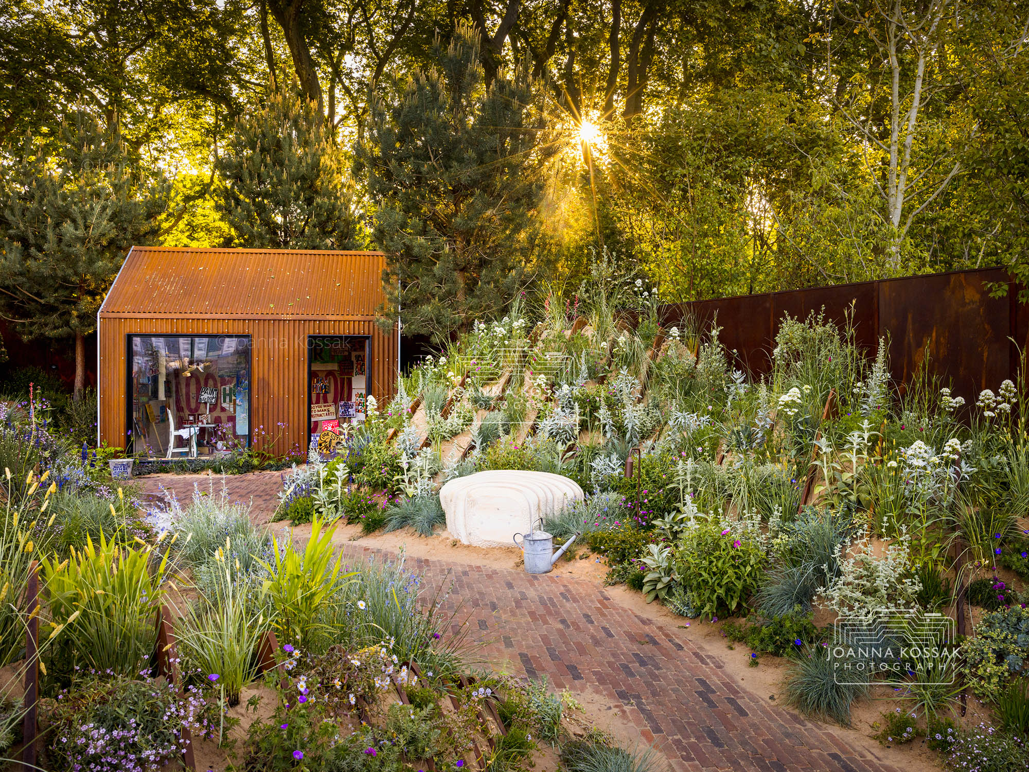 Nigel Dunnett's Hospitalfield Arts Garden at RHS Chelsea Flower Show 2025, captured at sunrise with dune-like sand forms and textured coastal planting